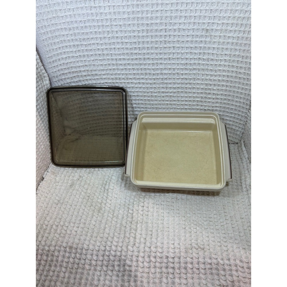Vintage Unisex Microwave Cooking Etc. Square Casserole Dish Cream Brown